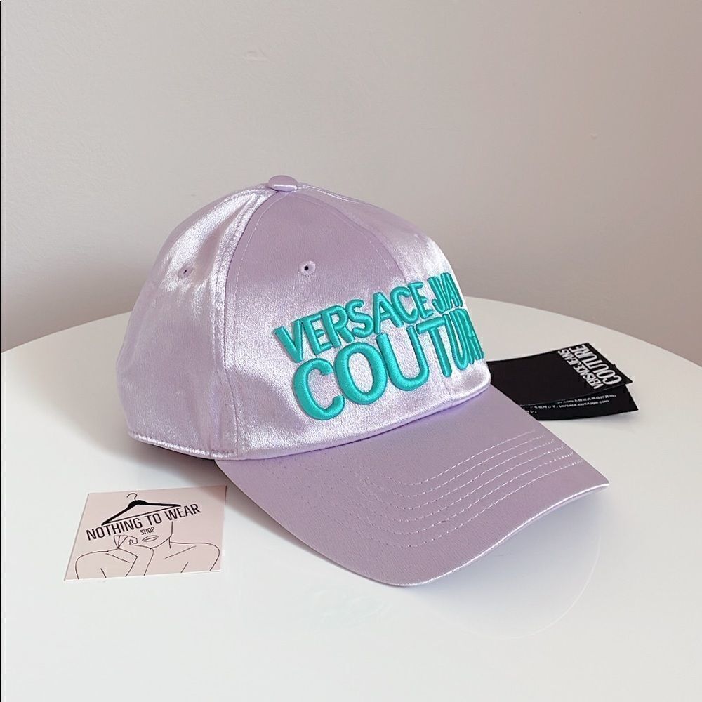⭕️ VERSACE JEANS Cap Hat Satin Designer Purple Turquoise Logo